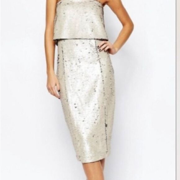 Lavish Alice Pealised & Gold Reverse Sequin Bandeau Cropped Midi Dress by Asos - Picture 4 of 5